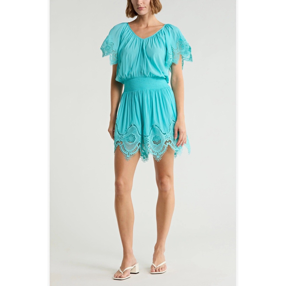 Ramy Brook NWT Arielle Lace Trim Mini Dress Aqua msrp$475 Flutter Sleeve  Sz LG